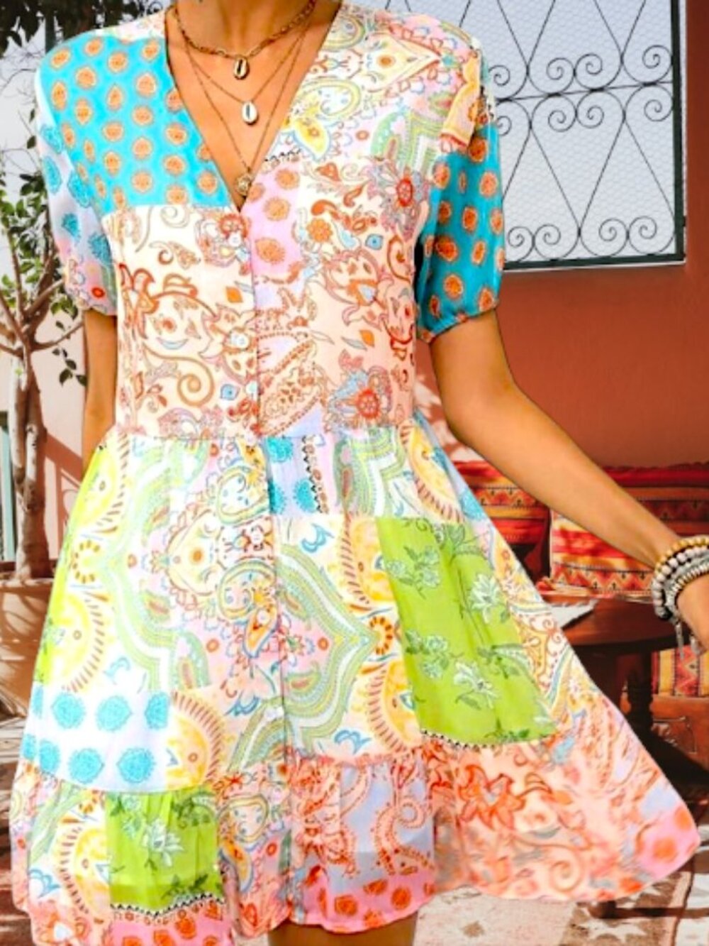 Bohemian Patchwork Print Dress